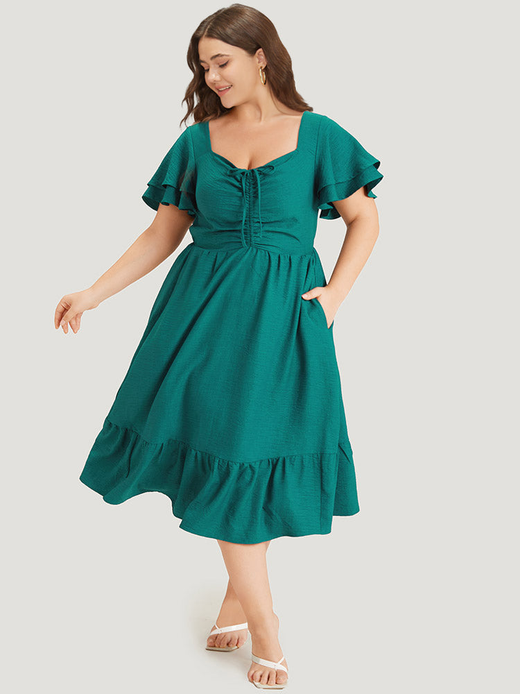 Solid Drawstring Pocket Ruffle Trim Layered Dress