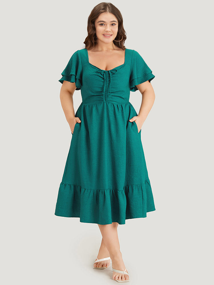 Solid Drawstring Pocket Ruffle Trim Layered Dress