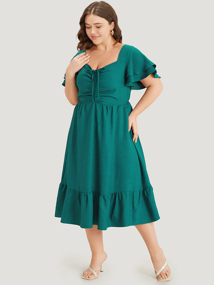 Solid Drawstring Pocket Ruffle Trim Layered Dress