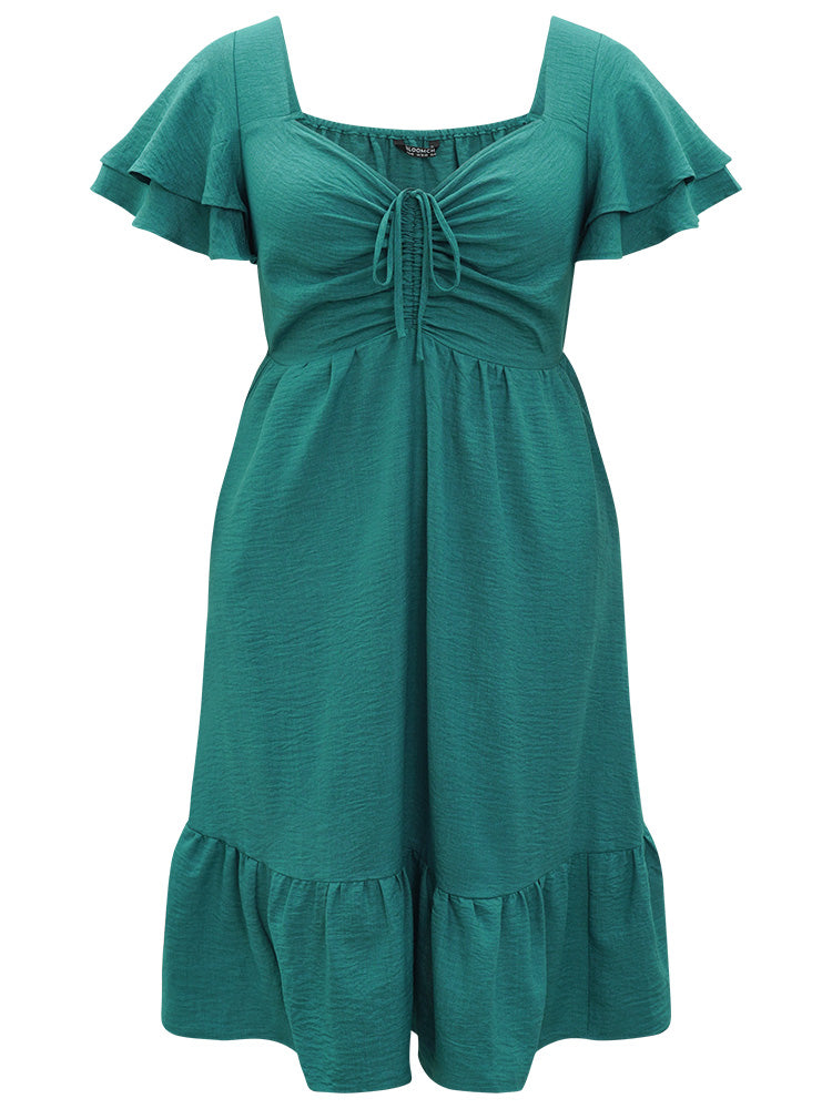 Solid Drawstring Pocket Ruffle Trim Layered Dress