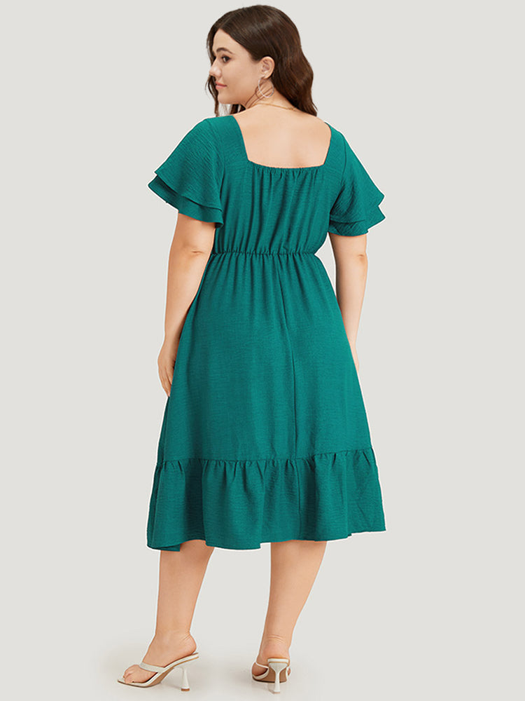 Solid Drawstring Pocket Ruffle Trim Layered Dress
